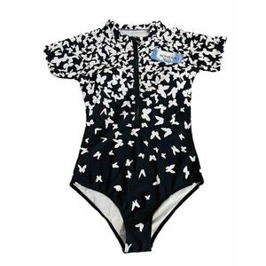 Women's-One Piece-Black/White Butterfly-Zip Up Swimsuit- by Rotita-Small-New